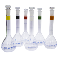 Колба мерная, 100 мл, шлиф 14/23, синяя маркировка, стеклянная пробка, белая полоса, боросиликатное стекло, 1х2 шт